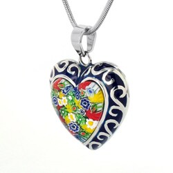 Stainless Steel Colored Glass and Blue Resin Heart Necklace