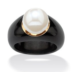 Angelina D'Andrea 10k Yellow Gold Black Jade and White Freshwater Pearl Ring
