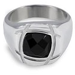 Stainless Steel Faceted Created Onyx Groove Ring