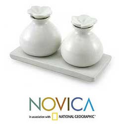 Set of 2 Ceramic 'White Bali Frangipani' Oil Bottles (Indonesia)