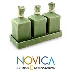 Set of 3 Ceramic 'Jade Bali Lotus' Oil Bottles (Indonesia)