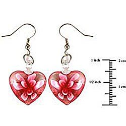 Murano-inspired Glass Pink Flower Heart Earrings