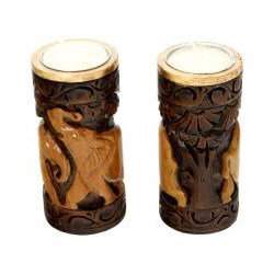 Set of 2 Hand-Carved Wood Tea Light Candle Holders (India)