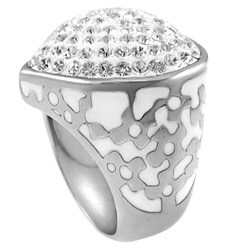 Stainless Steel Pave-Set Cubic Zirconia White Enamel Heart Ring