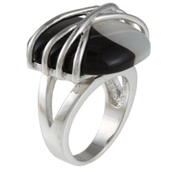 Kate Bissett Silvertone Onyx and Mother of Pearl Cocktail Ring