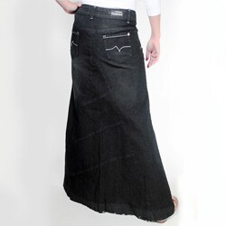 Tabeez Women's Frayed Black Long Denim Skirt