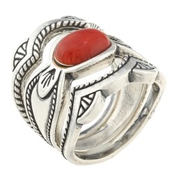 Southwest Moon Sterling Silver Red Coral Roped 3-piece Ring Set