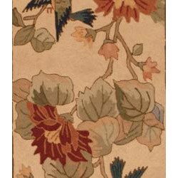 Asian Hand-tufted Beige/ Green Floral Bird Wool Rug (2'8 x 10')