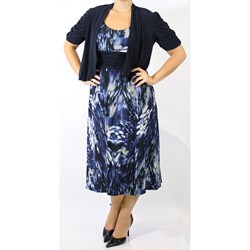 R & M Richards Women's Blue and White Dress Black Jacket Set