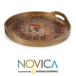 Handcrafted Reverse-painted Glass 'Bird in Autumn' Tray (Peru)