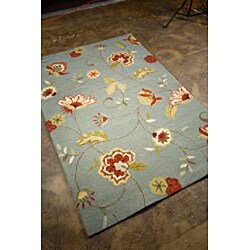 Hand-Hooked Blue/ Red Floral Area Rug (7'6 x 9'6)