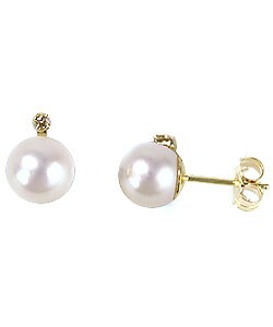 DaVonna 14k Gold Cultured Pearl and Diamond Earrings/ Necklace Set (7-7.5 mm/ 18 in)