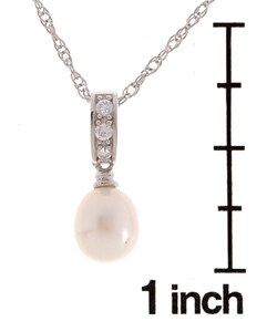 Sterling Silver White FW Pearl and Cubic Zirconia Drop Necklace (7-9 mm)