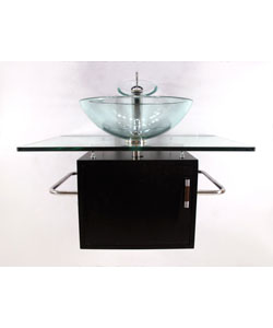 Wall-mount Glass Sink Vanity with Solid Wood Base