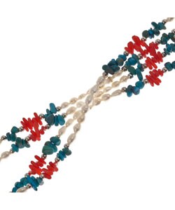 Turquoise, Red Coral, Silver and White Pearl Necklace