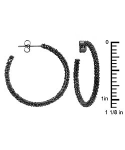 Pave Onyx Silvertone Hoop Earrings