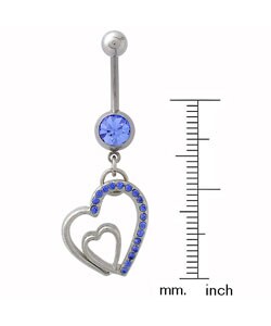 Steel Dangling Jeweled Hearts Curved Belly Barbell