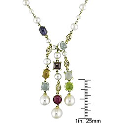14k Gold Multi-gemstone FW Pearl Drop Necklace (7-8 mm)