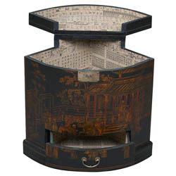 Black Bonded Leather Hand-painted Oriental Corner Cabinet