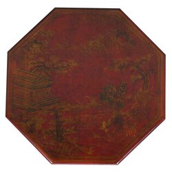 Hand-painted Red Bonded Leather Oriental Accent End Table