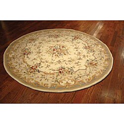 Handmade Bouquet Ivory/ Blue Wool and Silk Rug (4' Round)