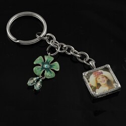 Silvertone Photo with Flower Charm Keychain