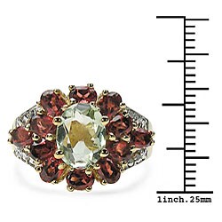 18k Gold over Silver Green Amethyst/ Garnet Flower Ring