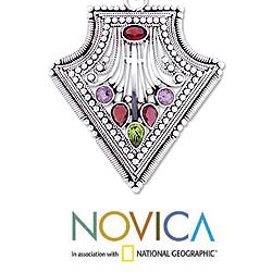 Sterling Silver Garnet/ Peridot/ Amethyst 'Cupid' Necklace (India)