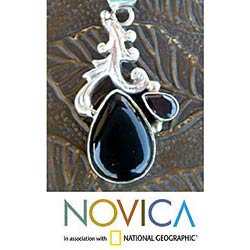Sterling Silver 'Black Blush' Onyx and Garnet Necklace (India)