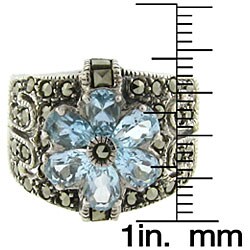 Sterling Silver Blue Cubic Zirconia and Marcasite Flower Ring