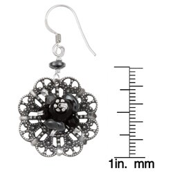 Sterling Silver Onyx and Hematite Filigree Flower Earrings