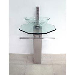 Brushed Stainless Steel Pedestal Glass Vanity with Brushed Nickel Faucet