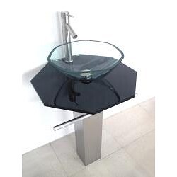 Brushed Stainless Steel Pedestal and Black Glass Countertop and Faucet Vanity