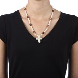 Lee Sands Silvertone Metal White and Chocolate Pearl Cross Necklace