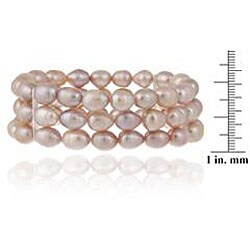 Stonique Creations Silver Pink Freshwater Pearl 3-row Stretch Bracelet (7-9 mm)