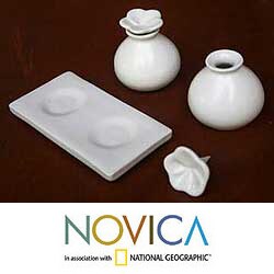 Set of 2 Ceramic 'White Bali Frangipani' Oil Bottles (Indonesia)