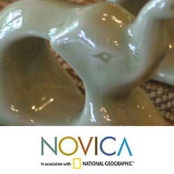 Set Of 6 Celadon Ceramic 'Elephant Hello' Napkin Rings (Thailand)
