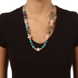 Goldtone Turquoise, Rainbow Flourite and Pink Coral Necklace