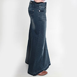 Tabeez Women's Frayed Medium Blue Long Denim Skirt