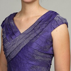London Times Women's Purple Shimmer Shutter Pleat Cap-sleeve Dress 