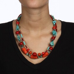 Crystale Silvertone Coral and Turquiose 2-row Necklace