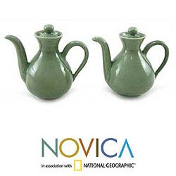 Set of 2 Ceramic 'Modern Jade' Oil and Vinegar Pitchers (Indonesia)