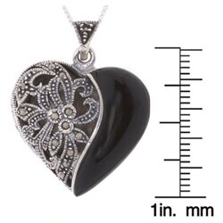 Sterling Silver Onyx and Marcasite Heart Locket Necklace