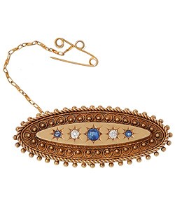 15k Gold Antique 1/8ct Diamond & Sapphire Bar Pin