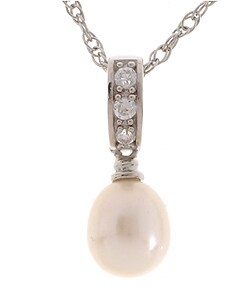 Sterling Silver White FW Pearl and Cubic Zirconia Drop Necklace (7-9 mm)