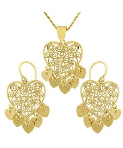 18k Gold Over Silver Filigree Chandelier Heart Set