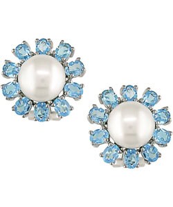 14k Blue Topaz Cultured Freshwater Pearl Earrings