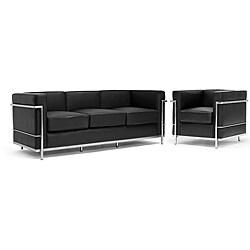 LC Black Leather Sofa & Chair Set