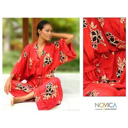 Women's Hibiscus Red Batik Robe (Indonesia)