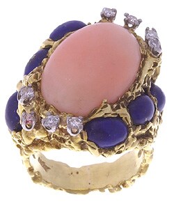 18k Gold Coral, Lapis, and Diamond Ring